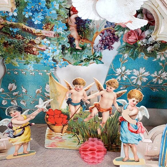 Victorian Antique Vintage Germany Diecut Fold Out Garden Scene Valentines Card - Picture 13 of 16